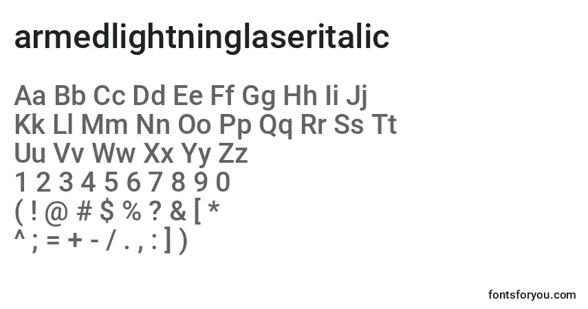 Schriftart Armedlightninglaseritalic (119975) – Alphabet, Zahlen, spezielle Symbole