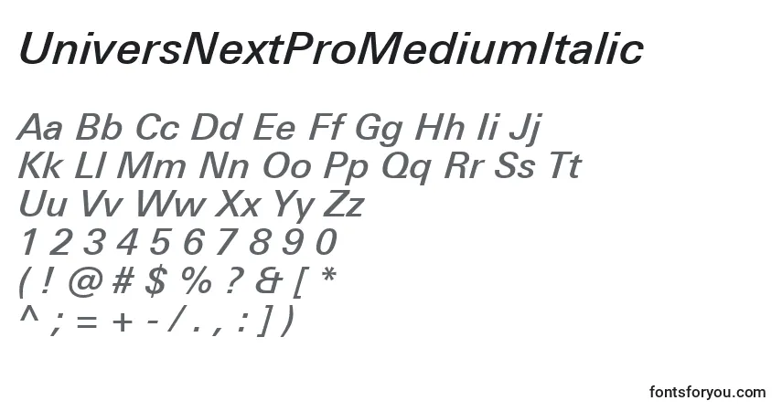 Шрифт UniversNextProMediumItalic – алфавит, цифры, специальные символы