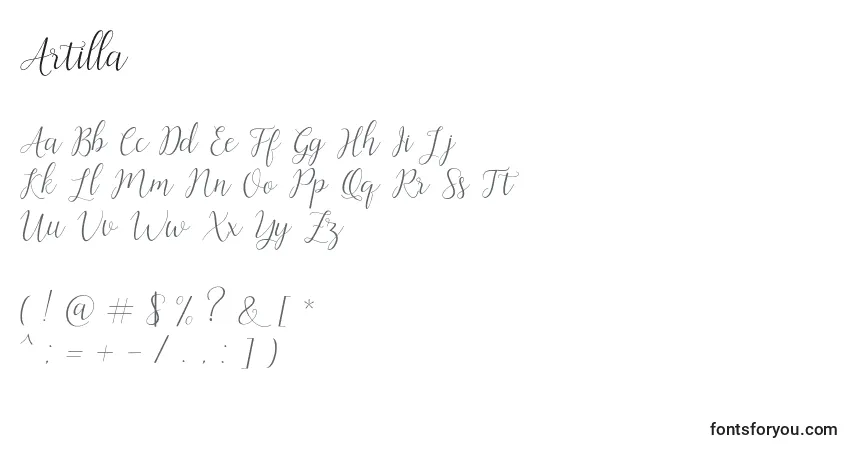 Czcionka Artilla – alfabet, cyfry, specjalne znaki