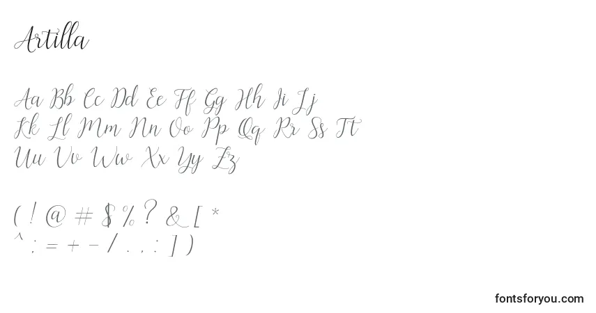 Schriftart Artilla (120030) – Alphabet, Zahlen, spezielle Symbole