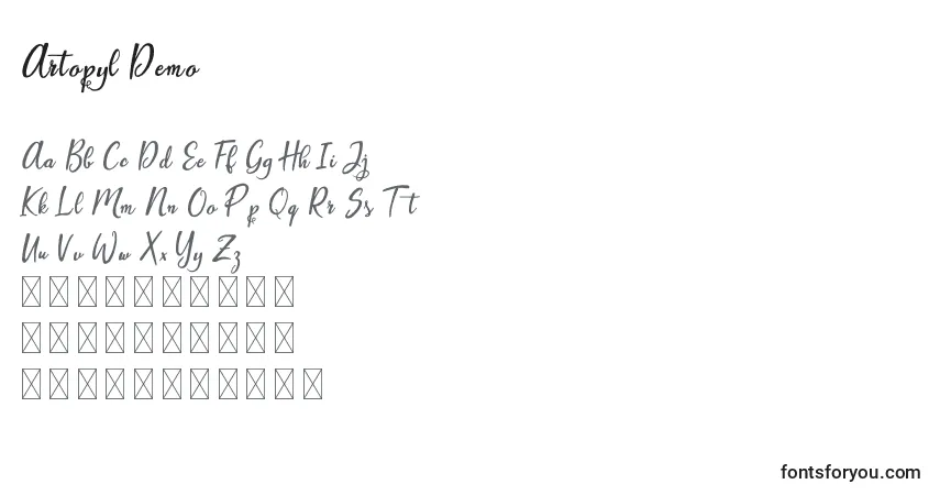 Schriftart Artopyl Demo – Alphabet, Zahlen, spezielle Symbole