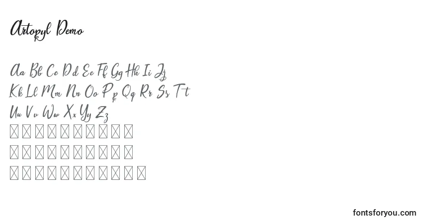 Artopyl Demo (120044)-fontti – aakkoset, numerot, erikoismerkit