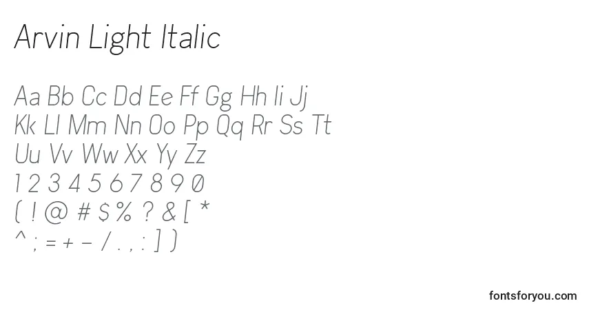 Czcionka Arvin Light Italic – alfabet, cyfry, specjalne znaki