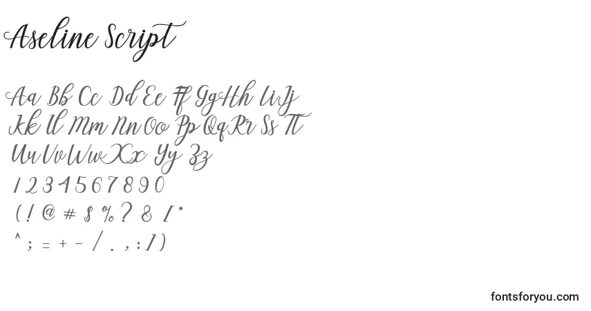 Schriftart Aseline Script (120056) – Alphabet, Zahlen, spezielle Symbole