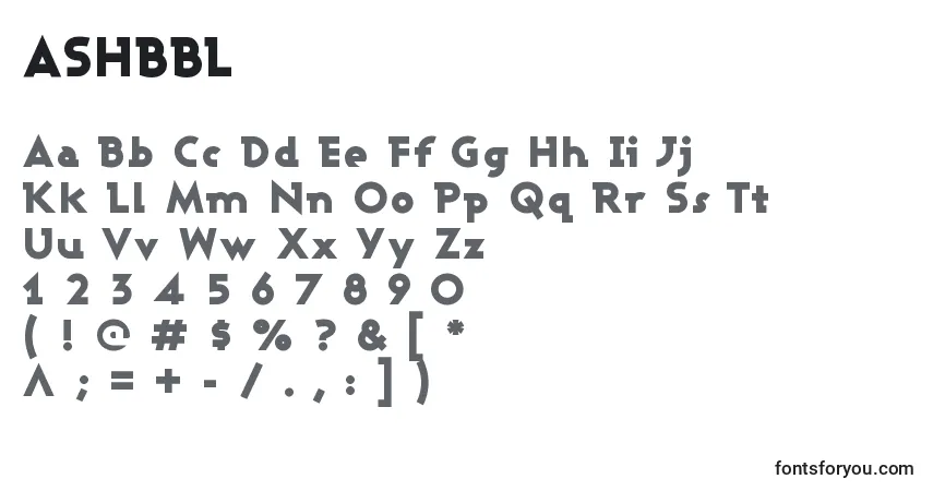 A fonte ASHBBL   (120074) – alfabeto, números, caracteres especiais