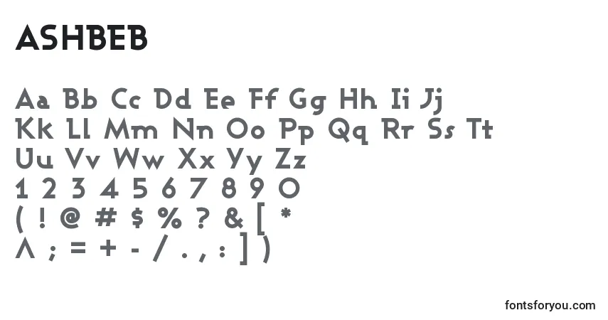 A fonte ASHBEB   (120075) – alfabeto, números, caracteres especiais