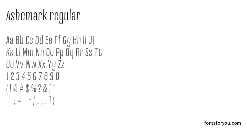 Schriftart Ashemark regular – Alphabet, Zahlen, spezielle Symbole