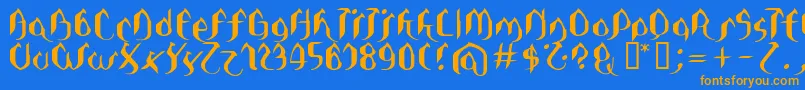 フォントasie – オレンジ色の文字が青い背景にあります。