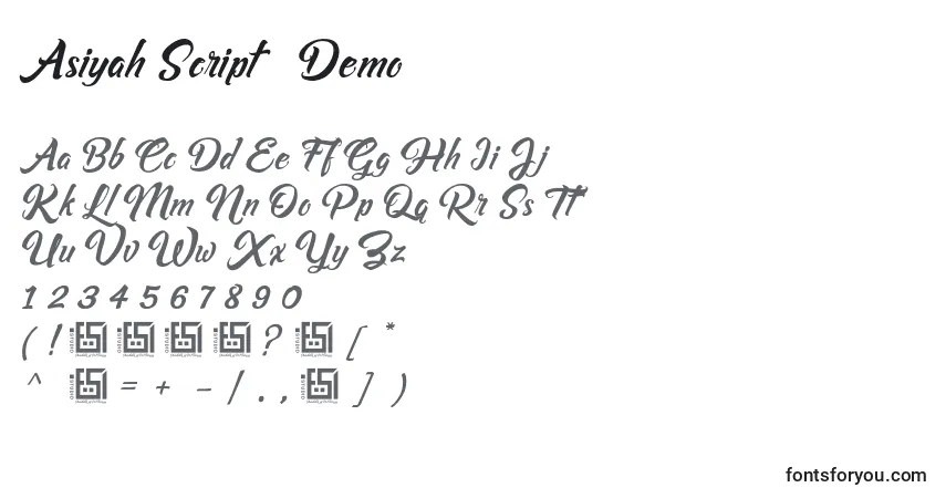 A fonte Asiyah Script   Demo (120089) – alfabeto, números, caracteres especiais