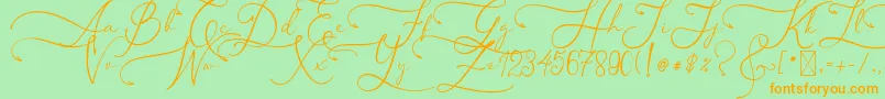 フォントAsmelinaHarley – オレンジの文字が緑の背景にあります。