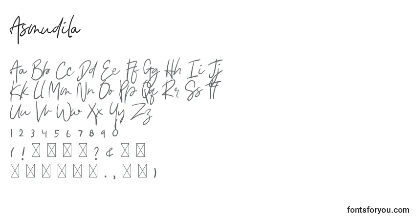 Asmudila-fontti – aakkoset, numerot, erikoismerkit