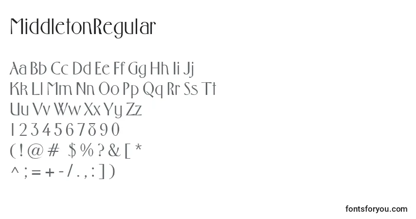 A fonte MiddletonRegular – alfabeto, números, caracteres especiais