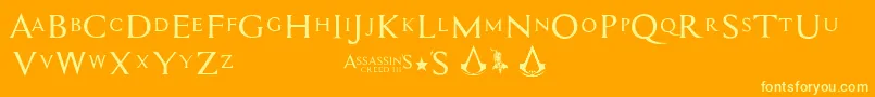 Weitere Informationen zur Assassin$-Schriftart Assassin$-Schriftart – Gelbe Schriften auf orangefarbenem Hintergrund