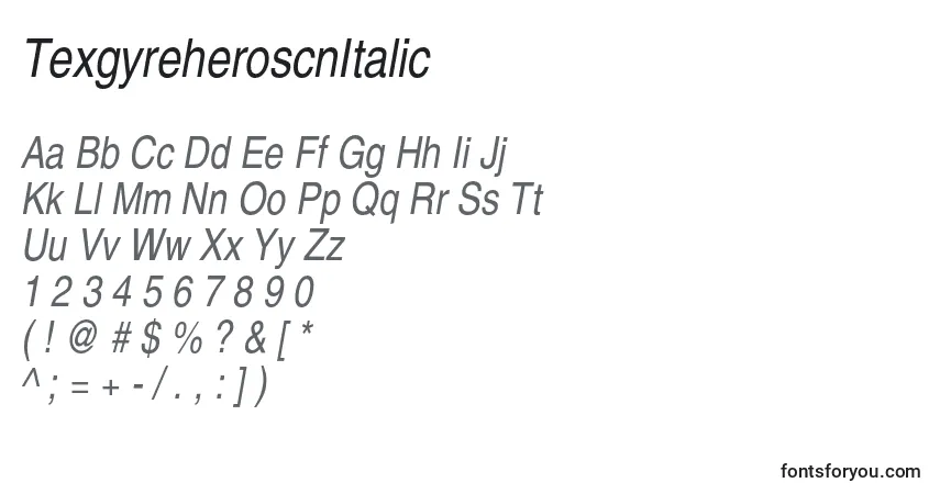 Schriftart TexgyreheroscnItalic – Alphabet, Zahlen, spezielle Symbole