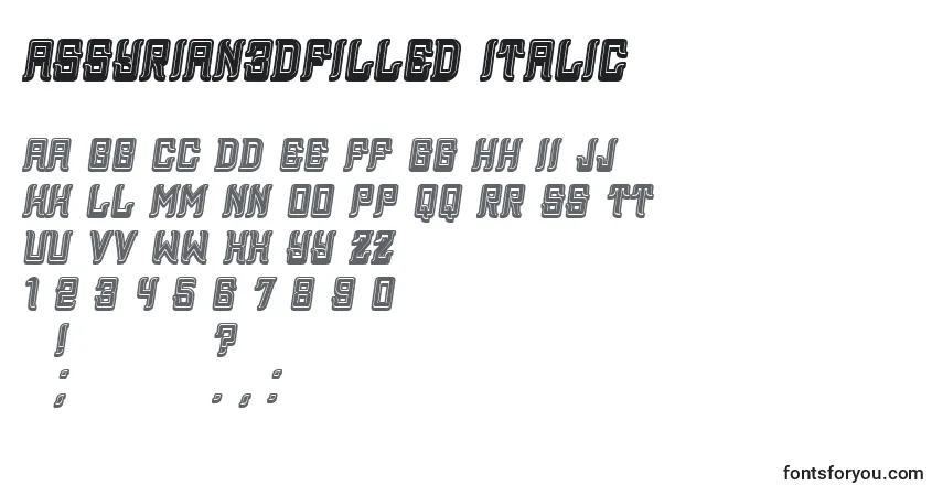 Шрифт Assyrian3DFilled Italic – алфавит, цифры, специальные символы