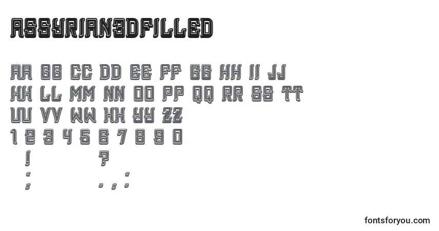 A fonte Assyrian3DFilled – alfabeto, números, caracteres especiais