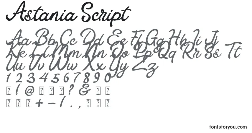 A fonte Astania Script – alfabeto, números, caracteres especiais