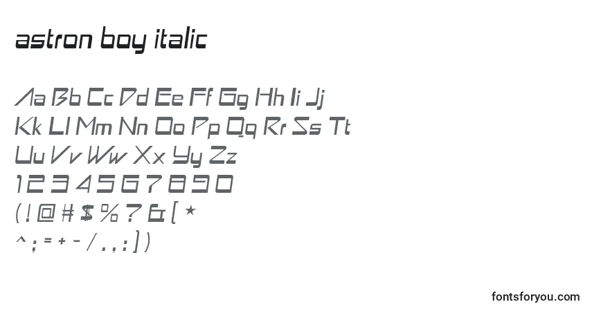 Schriftart Astron boy italic – Alphabet, Zahlen, spezielle Symbole