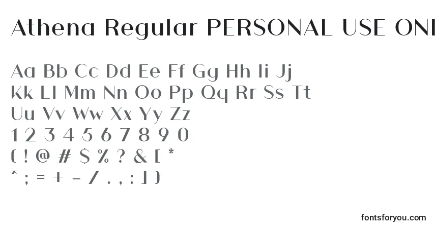 A fonte Athena Regular PERSONAL USE ONLY – alfabeto, números, caracteres especiais