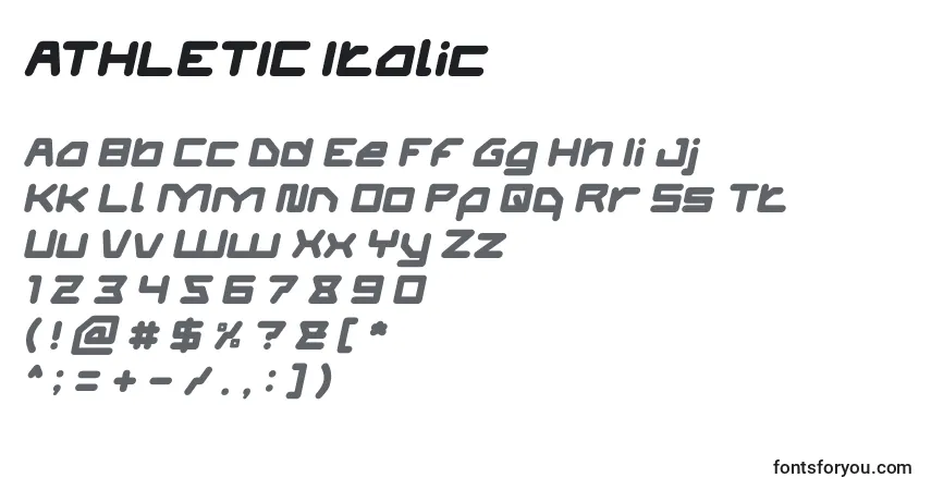 Schriftart ATHLETIC Italic – Alphabet, Zahlen, spezielle Symbole