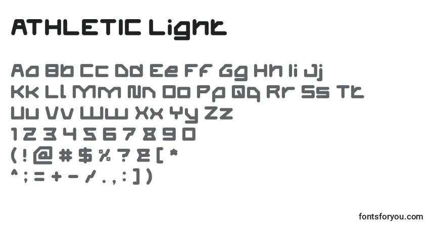 Czcionka ATHLETIC Light – alfabet, cyfry, specjalne znaki