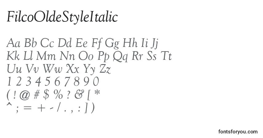 A fonte FilcoOldeStyleItalic – alfabeto, números, caracteres especiais