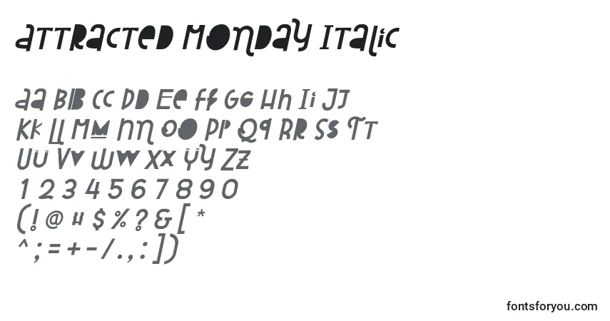 Шрифт Attracted Monday Italic – алфавит, цифры, специальные символы