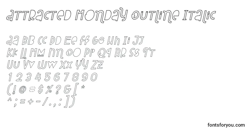 Шрифт Attracted Monday Outline Italic – алфавит, цифры, специальные символы