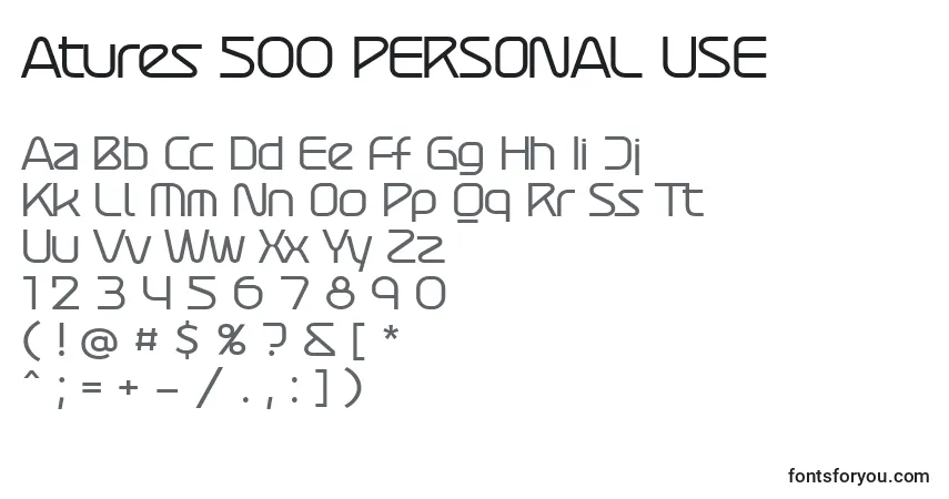 Schriftart Atures 500 PERSONAL USE – Alphabet, Zahlen, spezielle Symbole