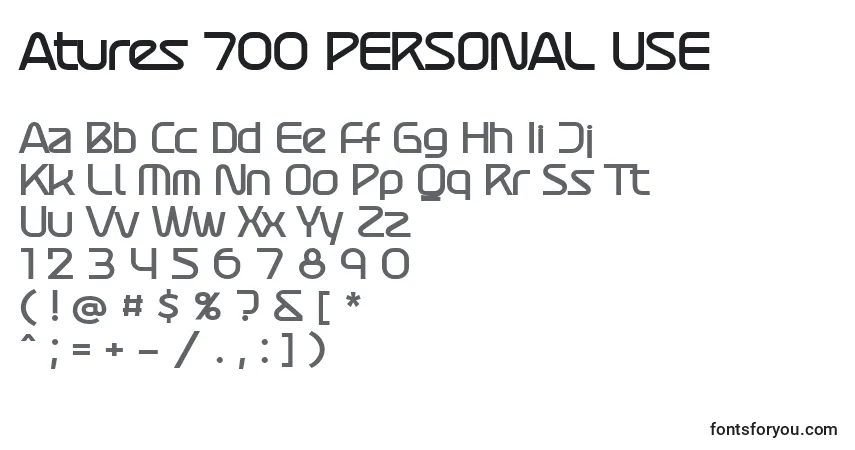 A fonte Atures 700 PERSONAL USE – alfabeto, números, caracteres especiais