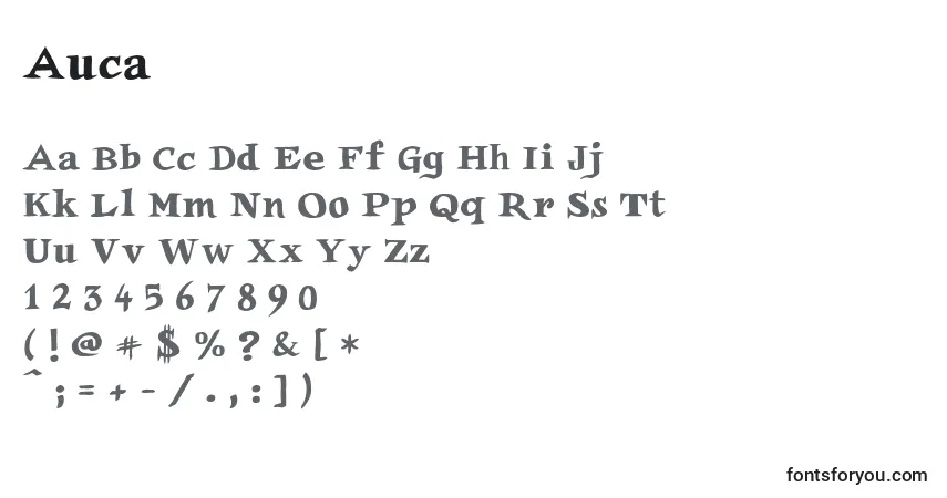 A fonte Auca – alfabeto, números, caracteres especiais