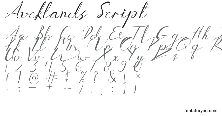 Czcionka Aucklands Script – alfabet, cyfry, specjalne znaki