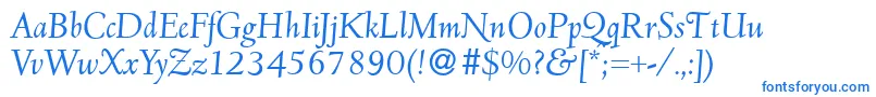 フォントD690RomanItalic – 白い背景に青い文字