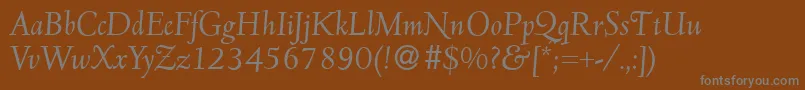 D690RomanItalic-fontti – harmaat kirjasimet ruskealla taustalla