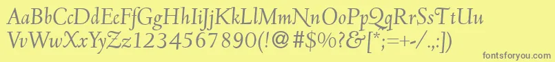 D690RomanItalic-fontti – harmaat kirjasimet keltaisella taustalla