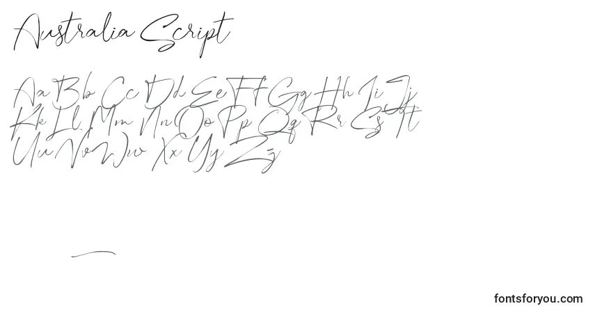 Czcionka Australia Script – alfabet, cyfry, specjalne znaki