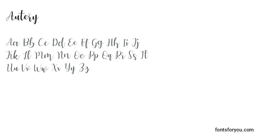 Schriftart Autery (120284) – Alphabet, Zahlen, spezielle Symbole