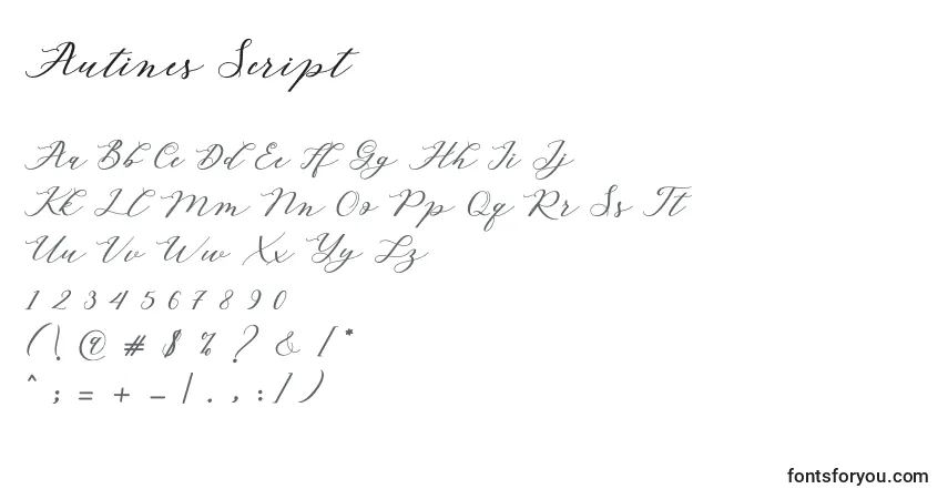 Czcionka Autines Script – alfabet, cyfry, specjalne znaki
