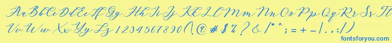 フォントAutines Script – 青い文字が黄色の背景にあります。