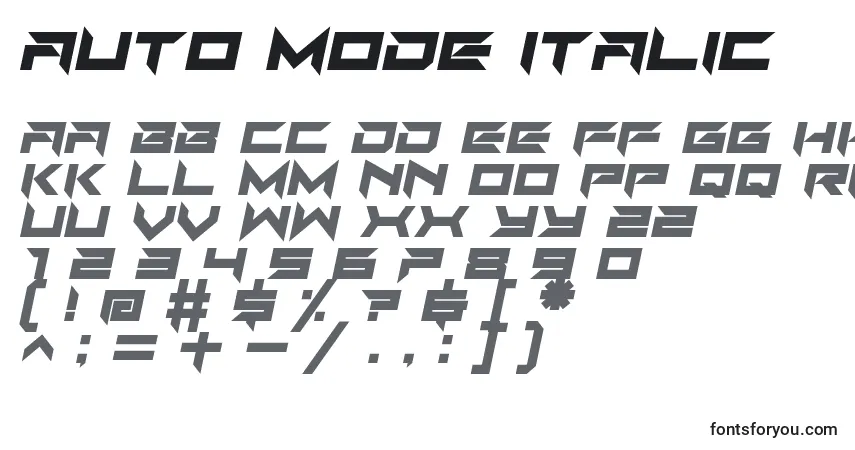 A fonte Auto Mode Italic – alfabeto, números, caracteres especiais