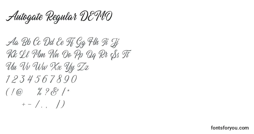 Schriftart Autogate Regular DEMO – Alphabet, Zahlen, spezielle Symbole