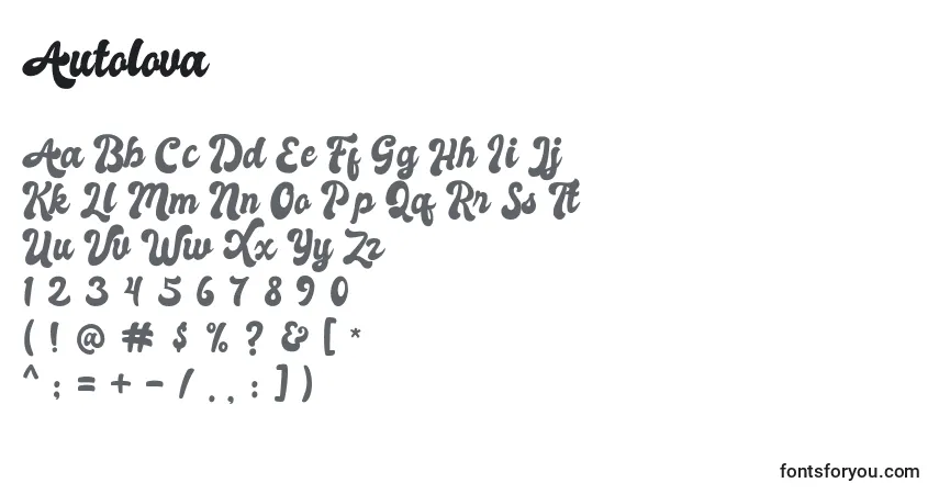 Schriftart Autolova – Alphabet, Zahlen, spezielle Symbole
