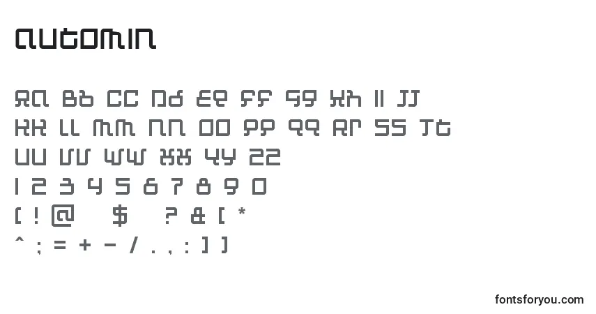 Czcionka Automin – alfabet, cyfry, specjalne znaki