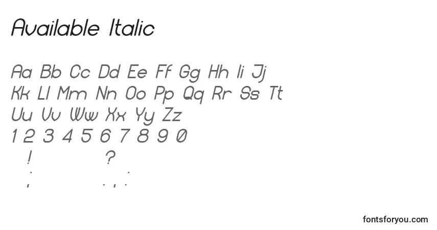 A fonte Available Italic – alfabeto, números, caracteres especiais