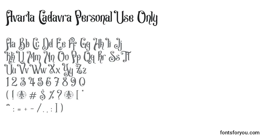 Czcionka Avarta Cadavra Personal Use Only – alfabet, cyfry, specjalne znaki