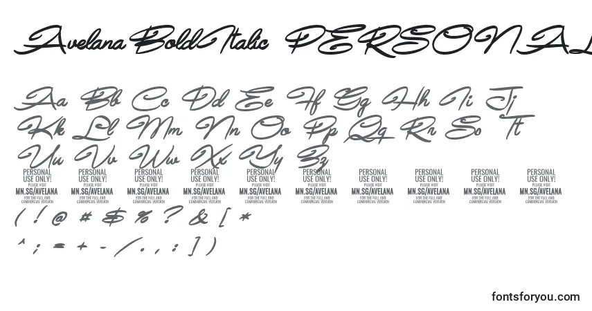 Schriftart AvelanaBoldItalic PERSONAL – Alphabet, Zahlen, spezielle Symbole
