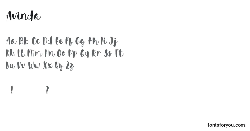 Czcionka Avinda – alfabet, cyfry, specjalne znaki