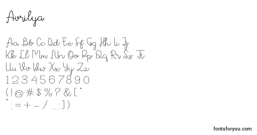 Fuente Avrilya - alfabeto, números, caracteres especiales