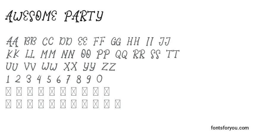Schriftart Awesome party (120359) – Alphabet, Zahlen, spezielle Symbole