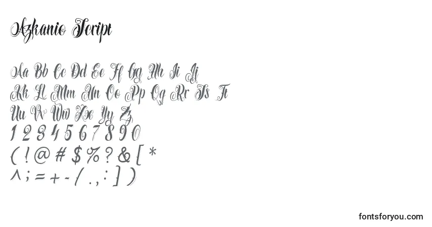 Czcionka Azkanio Script – alfabet, cyfry, specjalne znaki